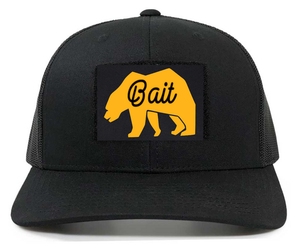 Bear Bait Patch on Retro Trucker Patch Hat By Snapback - Black