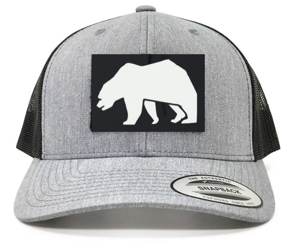 White BLO Bear Patch on Retro Trucker Pull Patch Hat By Snapback - Melange & Black Mesh